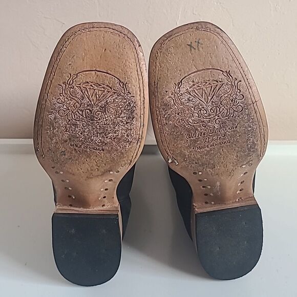 White Diamond Black Nubuck Leather White Flowers Square Toe Rodeo Boot Size 6.5 - Picture 13 of 16